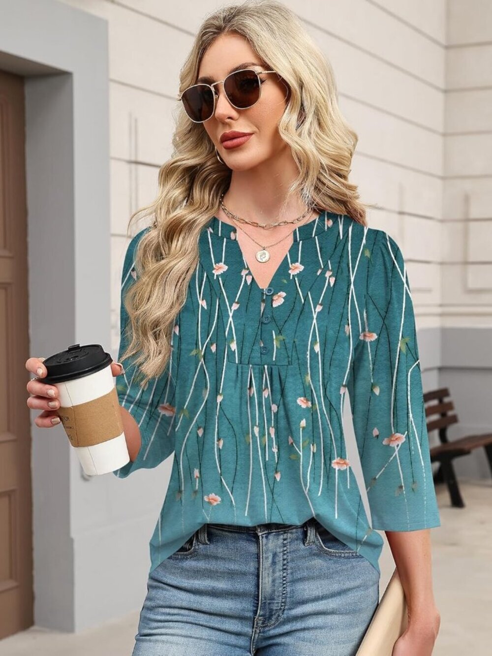 Women's 3/4 Length Sleeve Tops Dressy Casual Henley V-Neck Tops Wine Blue Leaves - Picture 4 of 5